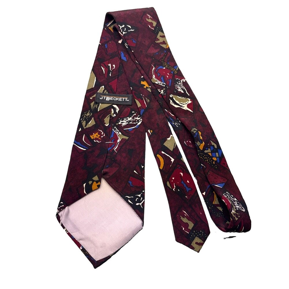 J.T. Beckett Mens Silk Necktie Burgundy Art Deco Geometric Abstract Vintage Tie